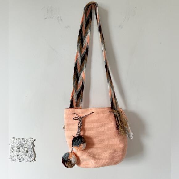 Wayuu Tribe Handbags - Wayuu Tribe Mochila Peach Gray Burgundy Crochet Boho Bucket Crossbody Bag